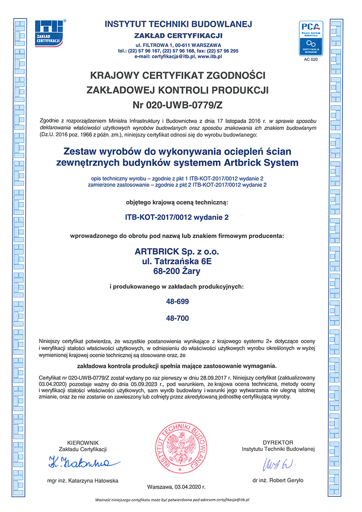  Krajowy Certyfikat Zgodności Zakładowej Kontroli Produkcji – Artbrick System 